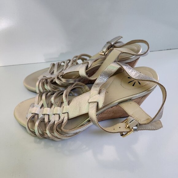 Isaac Mizrahi Gold Leather Strappy Cork Wedge Sandals Size 10W - Picture 3 of 7